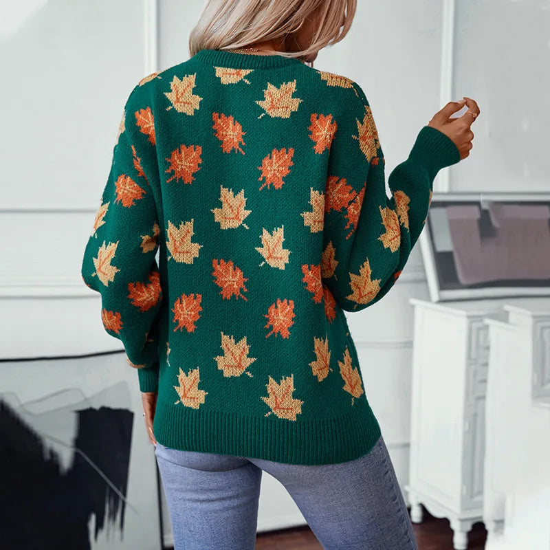 Oriel | Pull Tricoté Femme Vert avec Détails Feuilles d'Érable