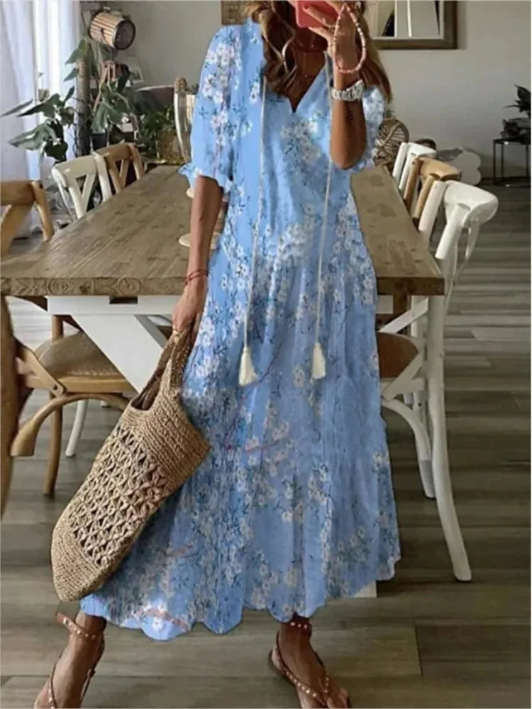 Lucienne | Robe Longue Bohème à Imprimé Fleuri, Col V & Manches Mi-longues – Élégance & Confort Estival