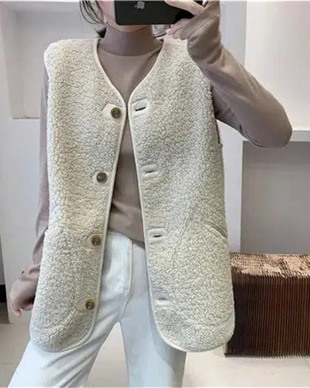 Kelista | Gilet Long à Col en V Boutonné, Unicolore, avec Grandes Poches Latérales pour Femme