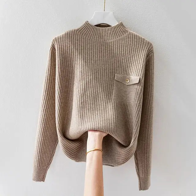 Albane | Pull Haut de Gamme Femme à Col Montant, Tricot Épais et Détail Poches Patte