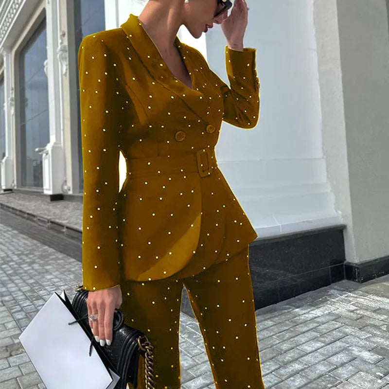 Nadège | Ensemble Blazer Imprimé à Pois et Pantalon Slim Coordonné