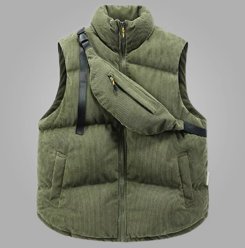 Éloi | Gilet en Corduroy pour Homme avec Col Montant, Fermeture Éclair et Sac Bandoulière Intégré