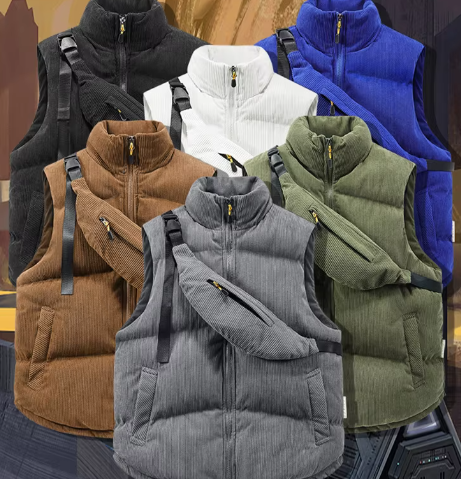 Éloi | Gilet en Corduroy pour Homme avec Col Montant, Fermeture Éclair et Sac Bandoulière Intégré