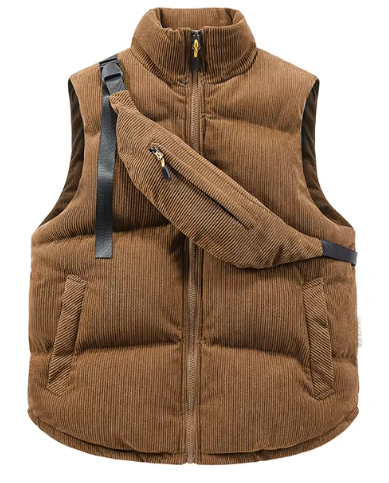 Éloi | Gilet en Corduroy pour Homme avec Col Montant, Fermeture Éclair et Sac Bandoulière Intégré