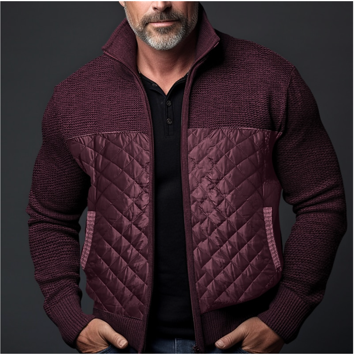 Gédéon | Veste Hiver Homme Patchwork à Fermeture Éclair Complète et Poches Latérales