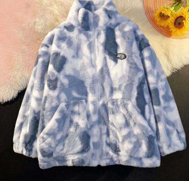 Irène | Veste Zippée à Col Montant en Peluche Tie Dye avec Poches