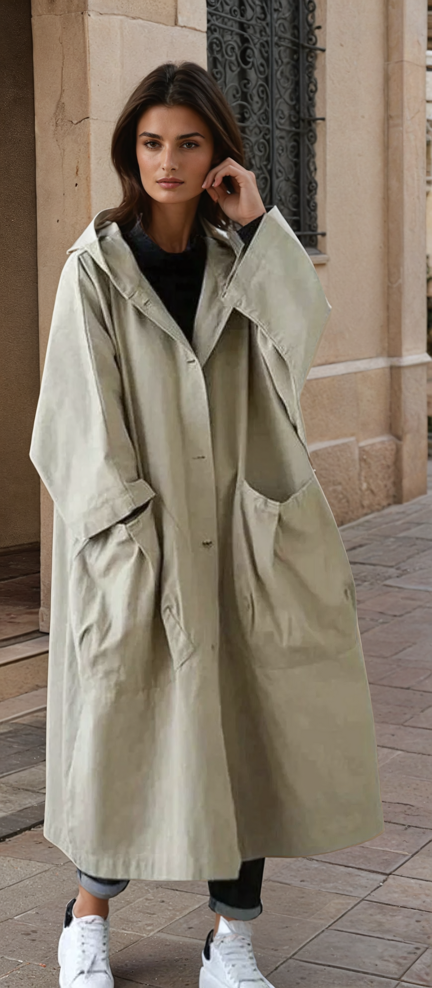 Lancelia | Trench-coat Long Femme à Capuche et Boutonnage avec Grandes Poches - Coupe Ample