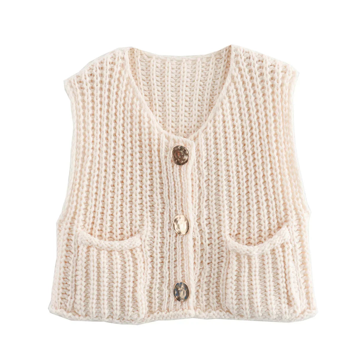 Yvaelle | Gilet Tricoté Stylé à Col en V avec Boutons et Poches pour Femme