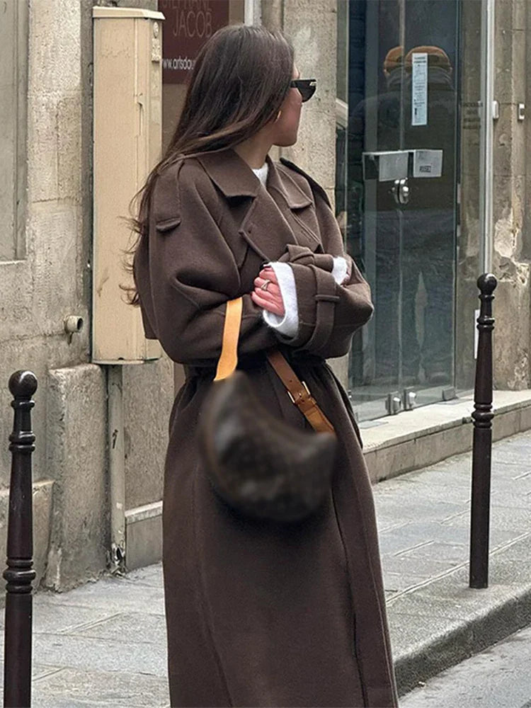 Lystelle | Manteau Maxi Femme à Col Revers, Double Boutonnage et Ceinture