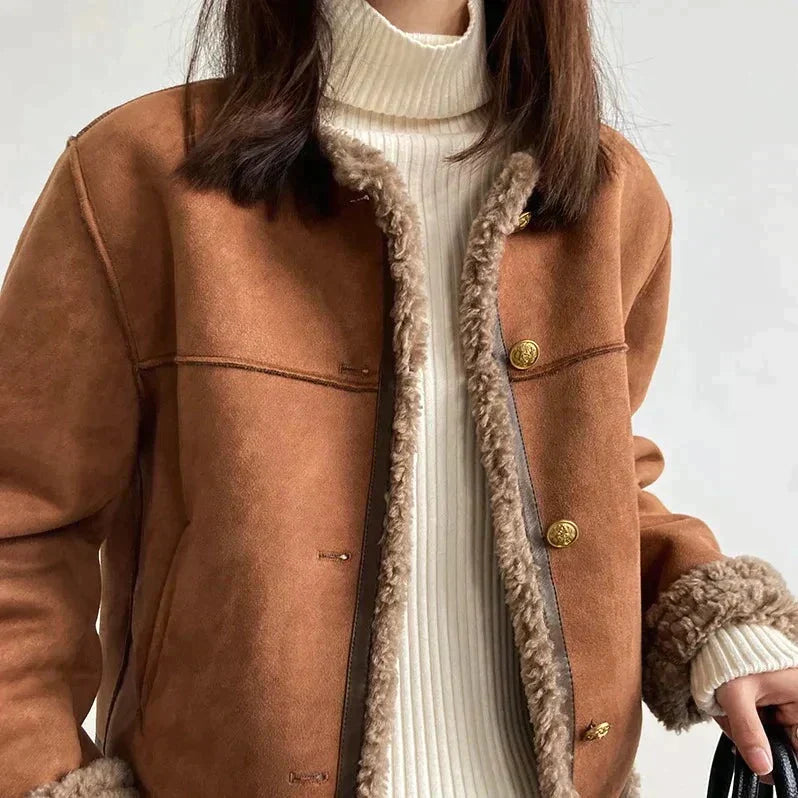 Justine | Veste Boutonnée en Molleton Doublé Marron pour Femme