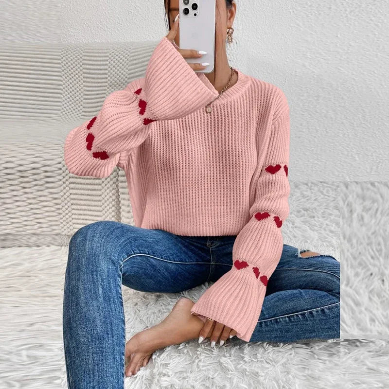 Pernora | Pull Tricoté Uni avec Motif Cœur Élégant sur les Manches