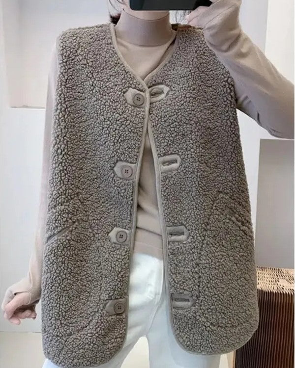 Kelista | Gilet Long à Col en V Boutonné, Unicolore, avec Grandes Poches Latérales pour Femme