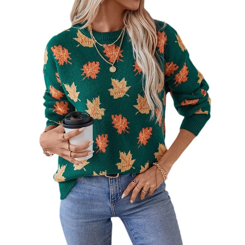 Oriel | Pull Tricoté Femme Vert avec Détails Feuilles d'Érable