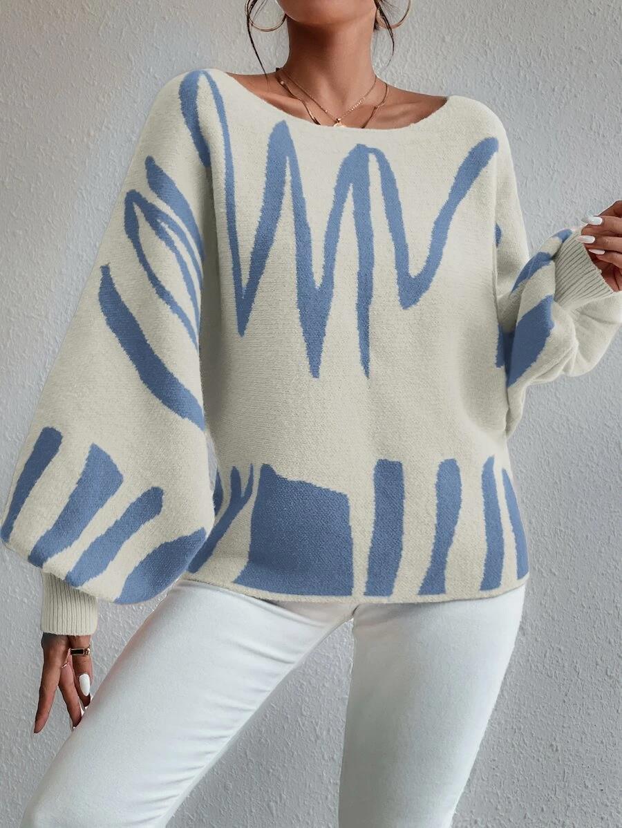 Cyprielle | Pull Blanc Ample à Manches Bouffantes et Motifs Vagues Bleues