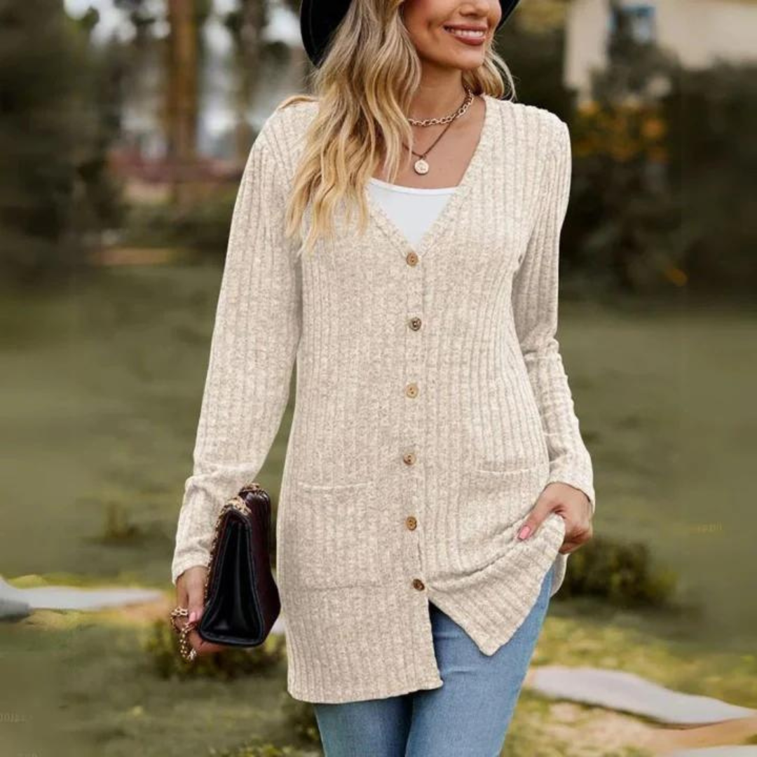 Margareti | Cardigan Long en Maille Boutonné pour Femme avec Col en V