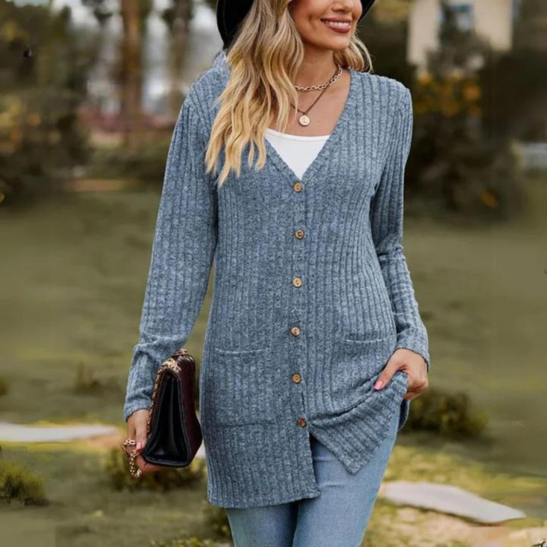 Margareti | Cardigan Long en Maille Boutonné pour Femme avec Col en V