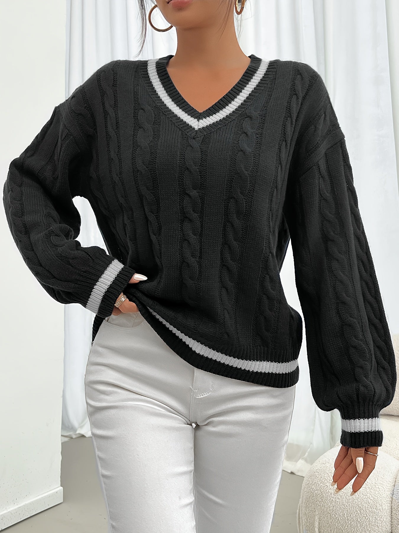 Gisèle | Pull en Maille Texturée à Col V et Coupe Ample pour Femme