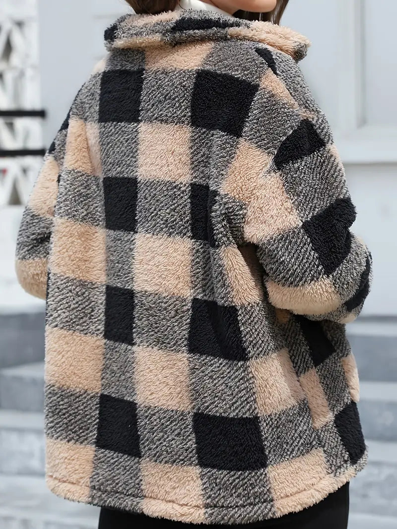 Rafaëlla | Manteau Plaid en Tissu Teddy Doux, Col Rabattu et Poches Pratiques