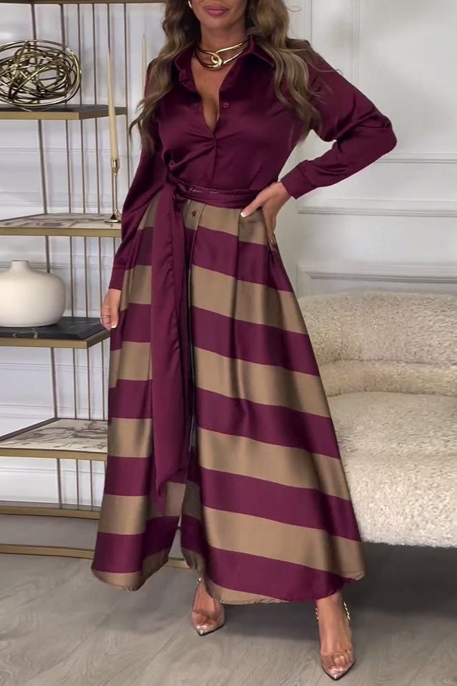 Véra | Robe Maxi Femme à Col en V Boutonnée à Manches Longues, Rayée avec Ceinture Taille Haute