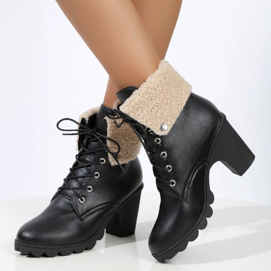 Carlotta | Bottines à Talon Bloc avec Lacets et Col Doublé en Fausse Fourrure