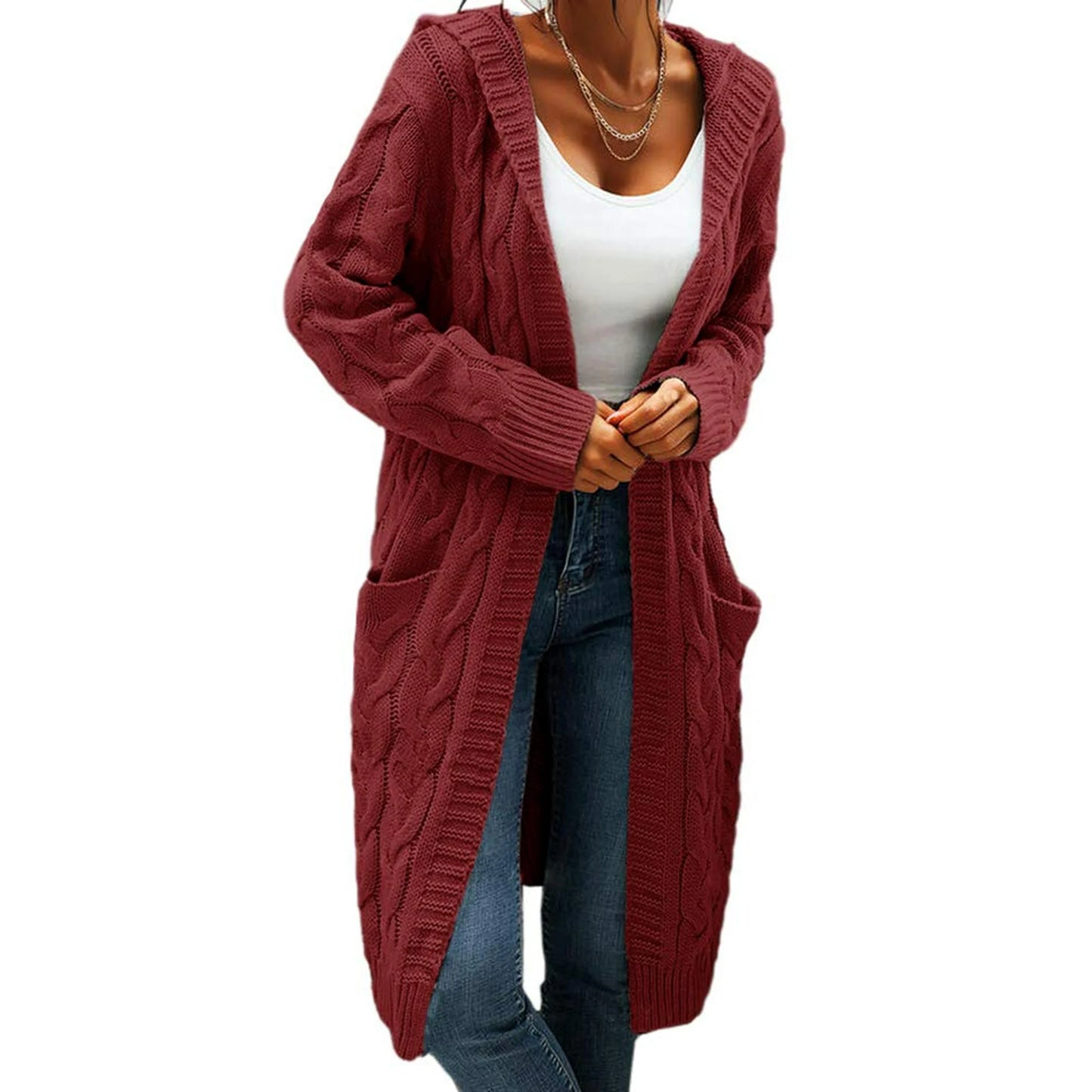 Brenda | Cardigan Long en Grosse Maille avec Motif Torsadé