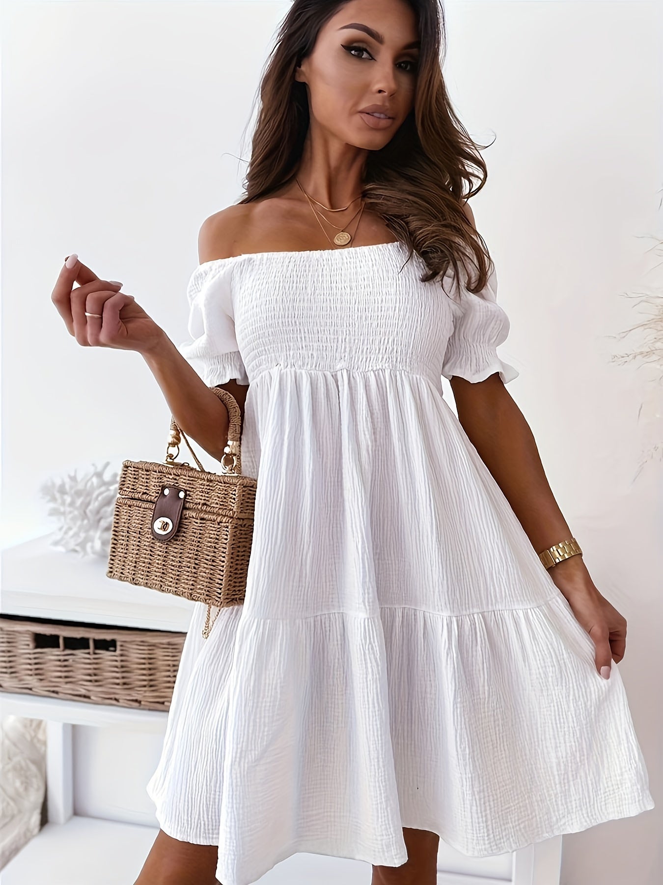 Lirienne | Robe d'Été Mini Boho Sans Épaules en Couleur Unie