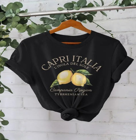 Capri | T-shirt Femme Manches Courtes Été avec Motif Citron et Lettrage Moderne