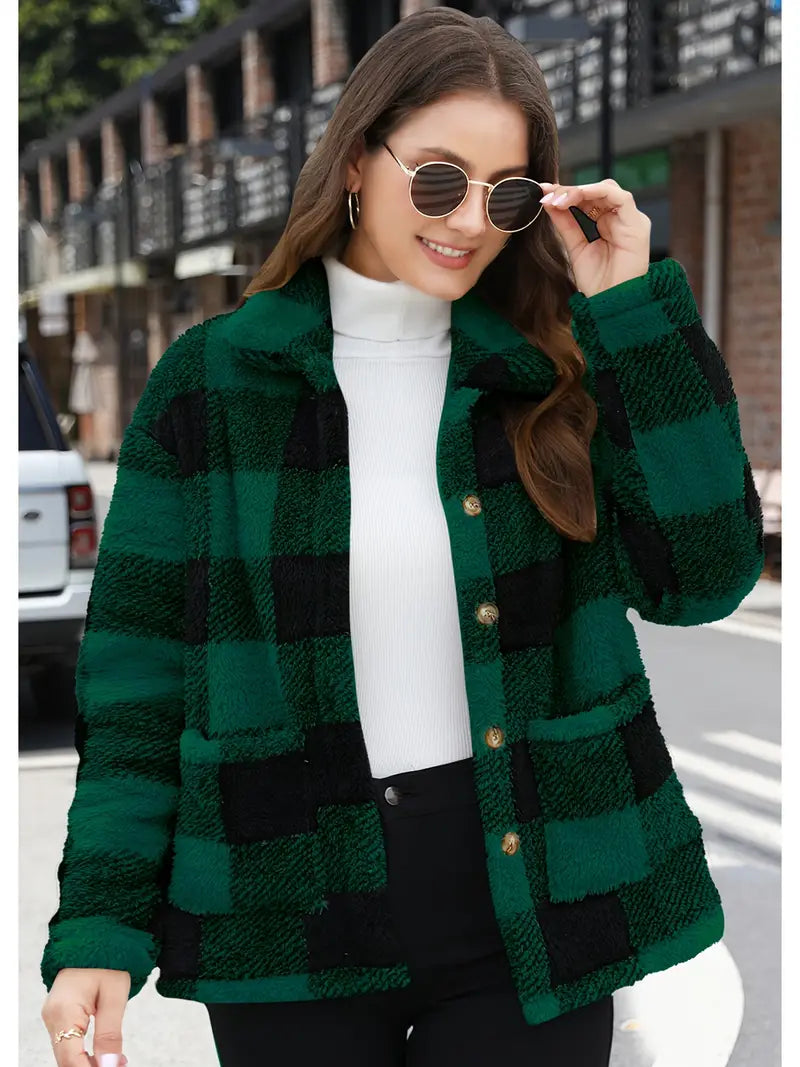 Rafaëlla | Manteau Plaid en Tissu Teddy Doux, Col Rabattu et Poches Pratiques