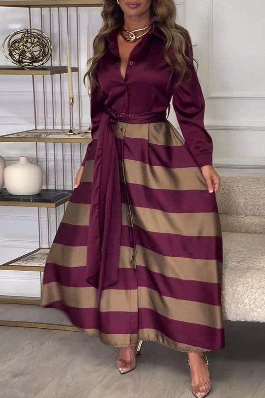 Véra | Robe Maxi Femme à Col en V Boutonnée à Manches Longues, Rayée avec Ceinture Taille Haute