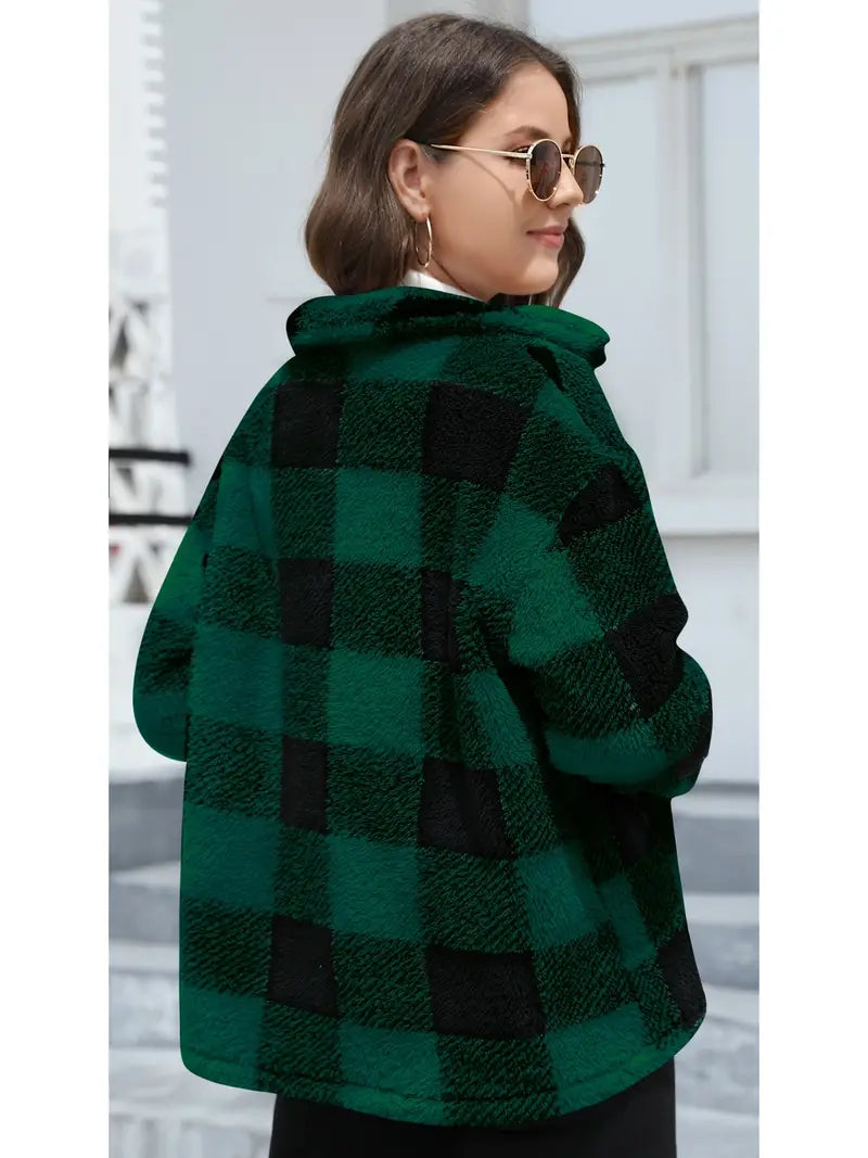 Rafaëlla | Manteau Plaid en Tissu Teddy Doux, Col Rabattu et Poches Pratiques