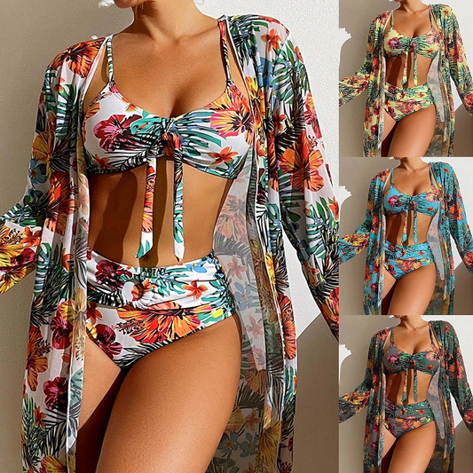 Ivannelle | Set de Bikini 3 Pièces à Imprimé Floral avec Cardigan de Plage