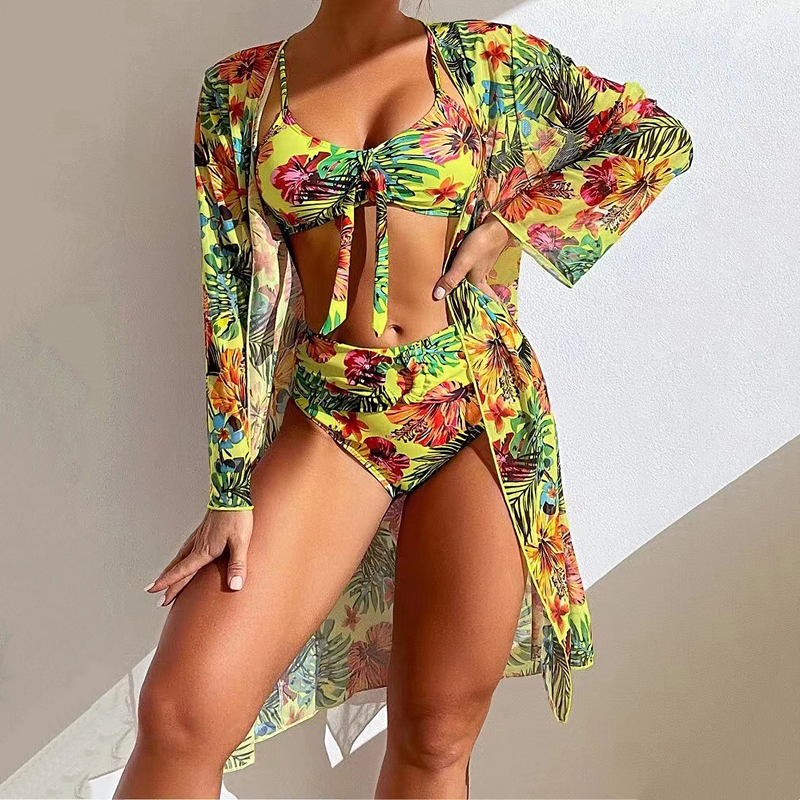 Ivannelle | Set de Bikini 3 Pièces à Imprimé Floral avec Cardigan de Plage