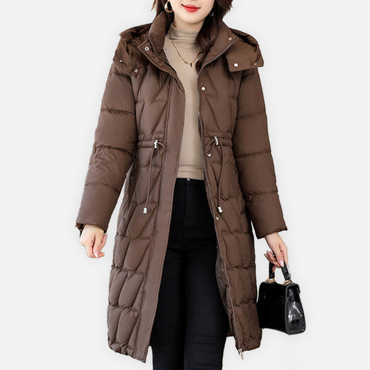 Agnès | Manteau Long d'Hiver Femme avec Capuche, Fermeture Éclair, Matelassé, Taille Ajustable avec Cordon