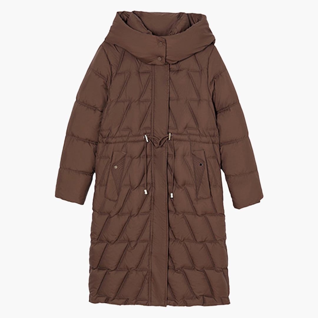 Agnès | Manteau Long d'Hiver Femme avec Capuche, Fermeture Éclair, Matelassé, Taille Ajustable avec Cordon