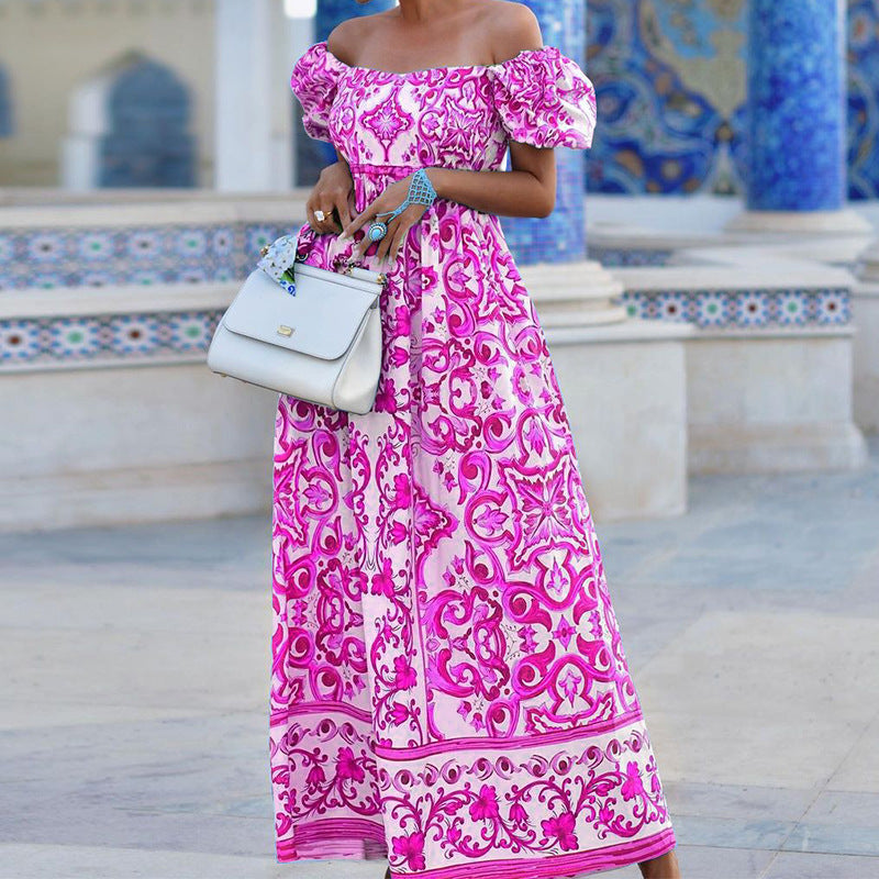 Doralie | Robe Maxi Boho à Épaules Dénudées et Manches Bouffantes Imprimé Bohème