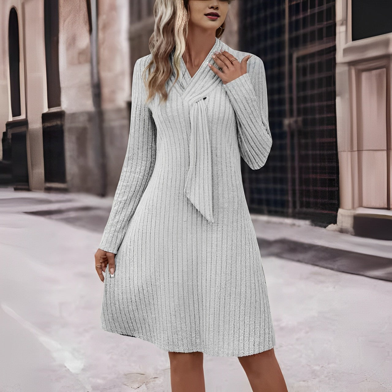 Eugénia | Robe Pull Ajustée à Manches Longues et Col Croisé Élégant