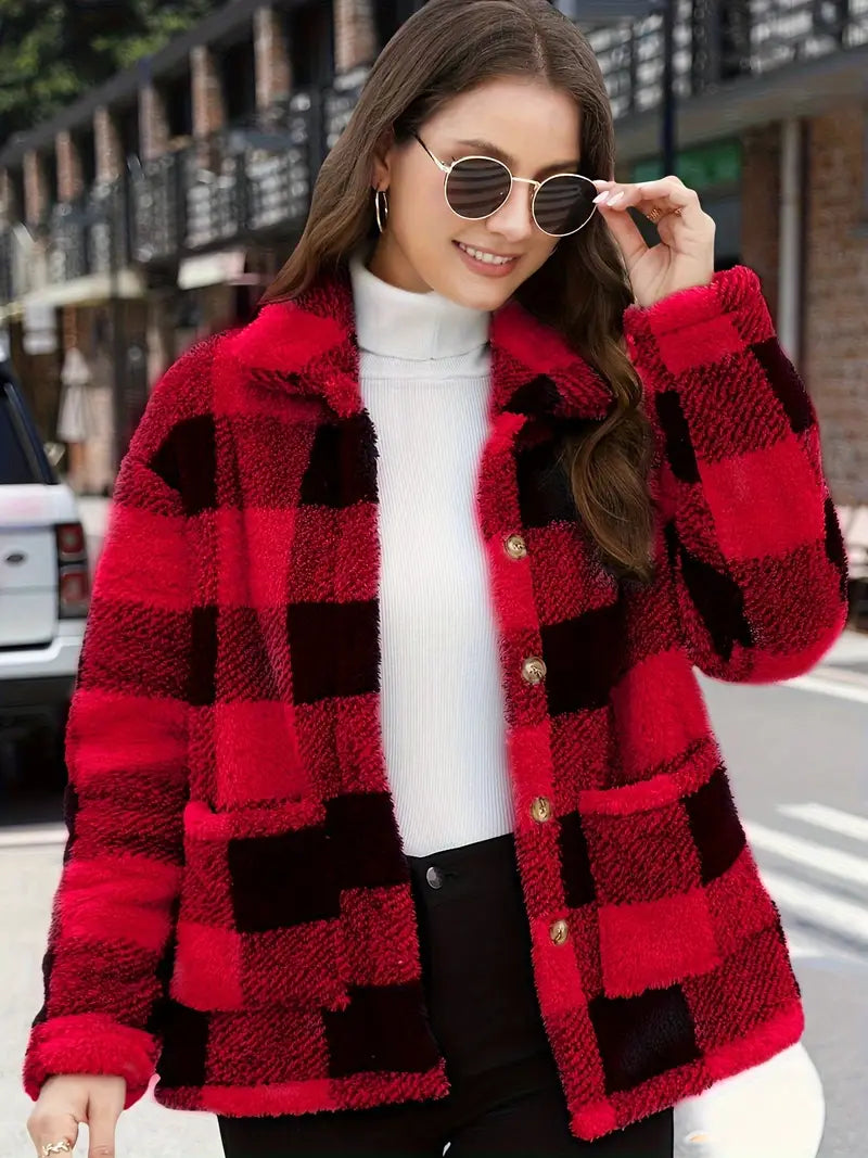 Rafaëlla | Manteau Plaid en Tissu Teddy Doux, Col Rabattu et Poches Pratiques