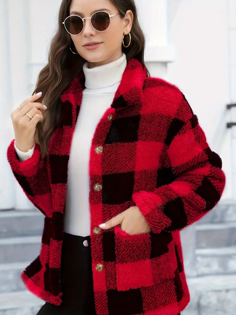 Rafaëlla | Manteau Plaid en Tissu Teddy Doux, Col Rabattu et Poches Pratiques