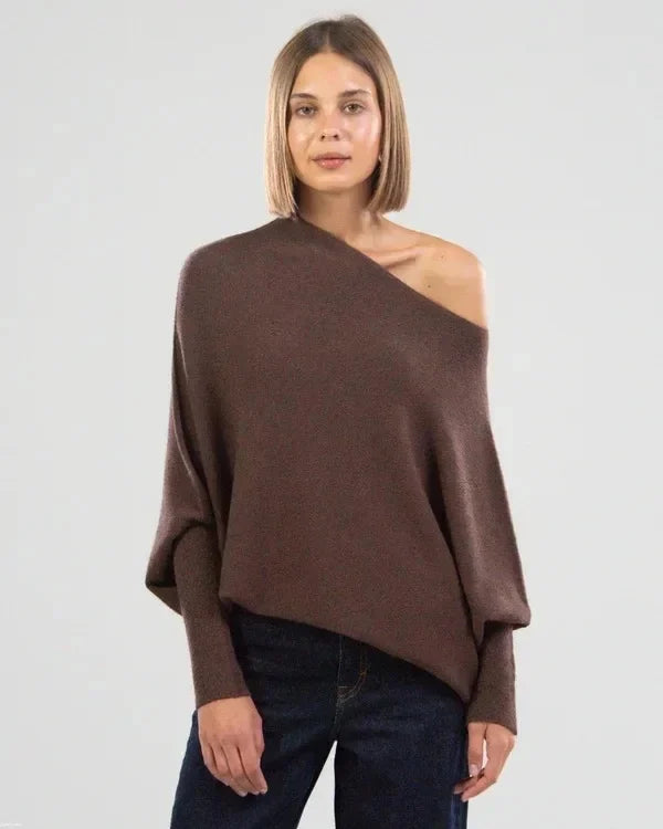 Katrielle | Pull Long à Épaules Dégagées en Couleur Unie