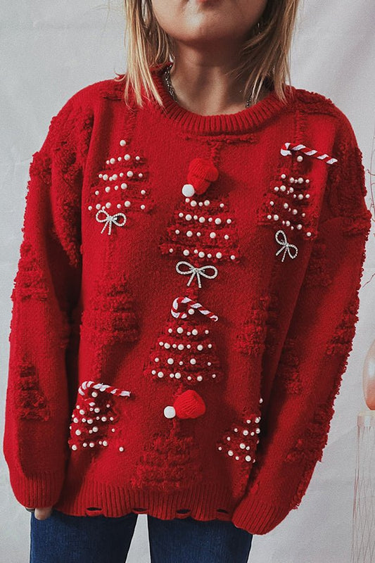 Yvettine | Pull de Noël Tricoté avec Col Rond et Pompons pour Femme