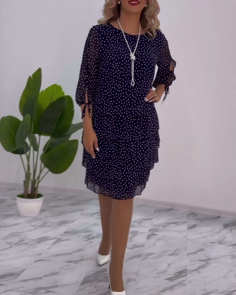 Marine | Robe Mini Chiffon à Pois avec Manches Longues et Jupe Volante, Élégante et Féminine