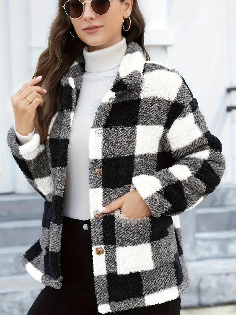 Rafaëlla | Manteau Plaid en Tissu Teddy Doux, Col Rabattu et Poches Pratiques