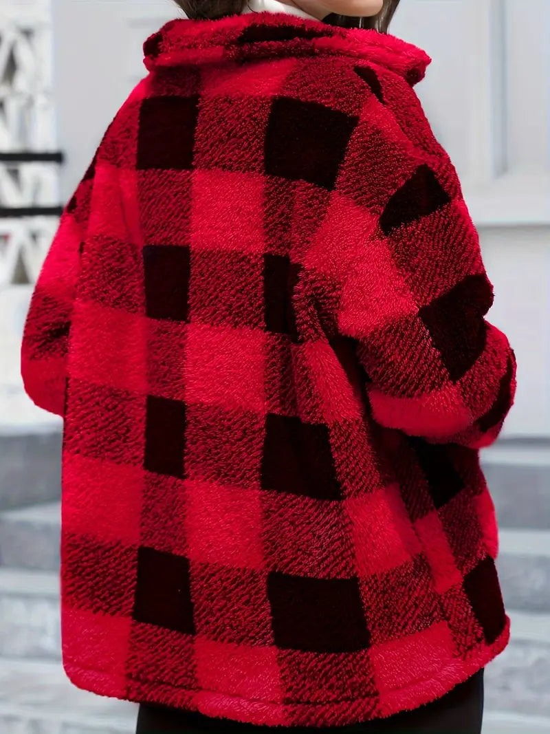 Rafaëlla | Manteau Plaid en Tissu Teddy Doux, Col Rabattu et Poches Pratiques