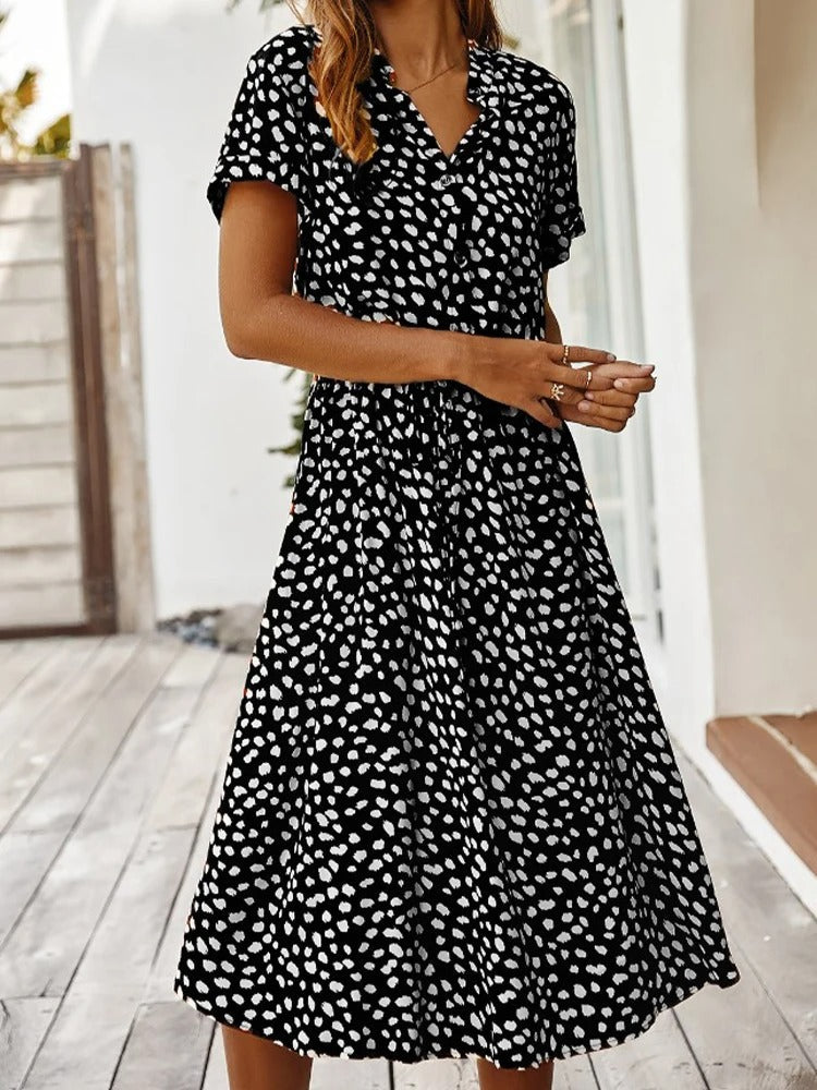 Ulvienne | Robe Midi d'Été à Manches Courtes avec Imprimé Pois/Leopard et Taille Nouée - Élégance Décontractée