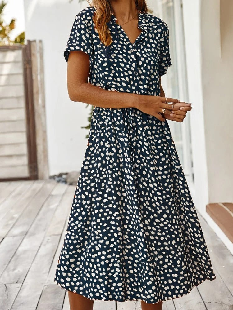 Ulvienne | Robe Midi d'Été à Manches Courtes avec Imprimé Pois/Leopard et Taille Nouée - Élégance Décontractée