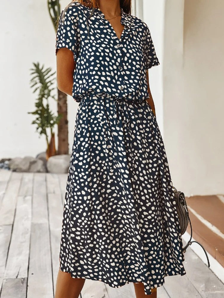 Ulvienne | Robe Midi d'Été à Manches Courtes avec Imprimé Pois/Leopard et Taille Nouée - Élégance Décontractée