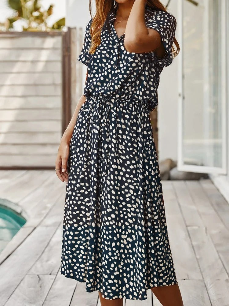 Ulvienne | Robe Midi d'Été à Manches Courtes avec Imprimé Pois/Leopard et Taille Nouée - Élégance Décontractée