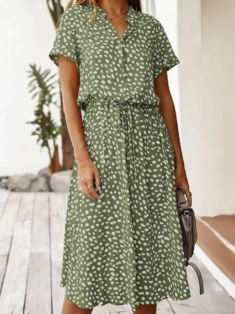 Ulvienne | Robe Midi d'Été à Manches Courtes avec Imprimé Pois/Leopard et Taille Nouée - Élégance Décontractée