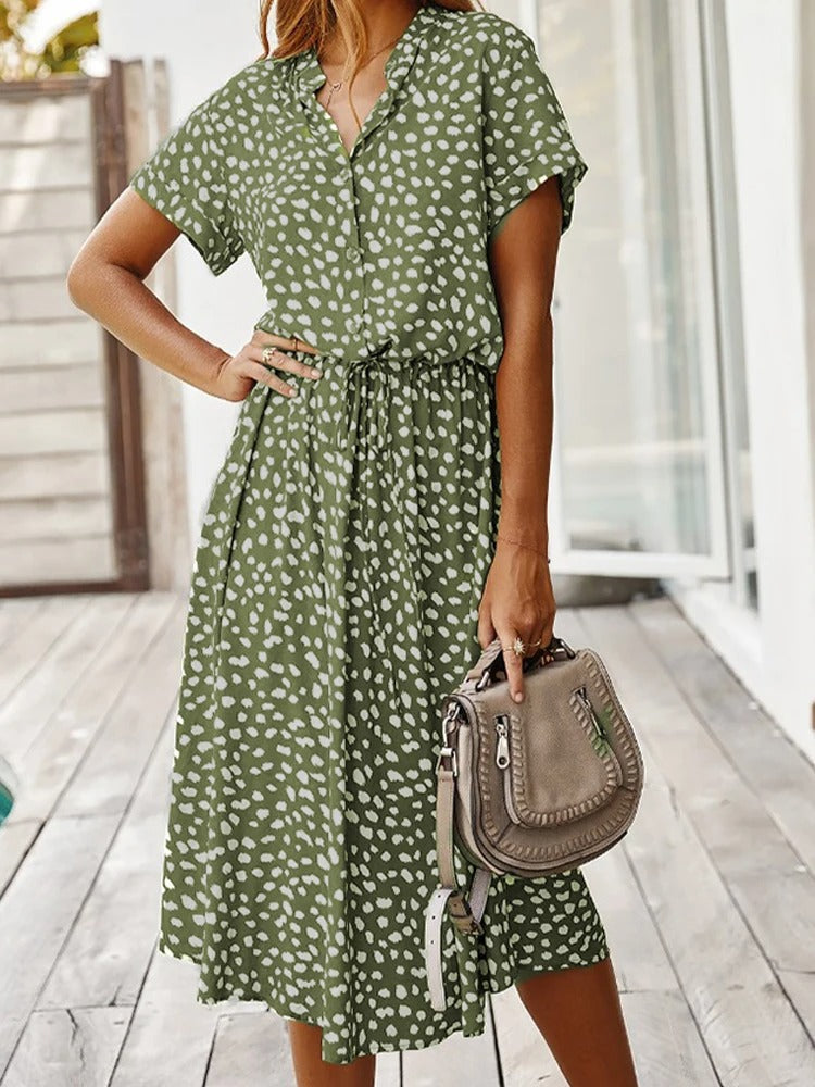 Ulvienne | Robe Midi d'Été à Manches Courtes avec Imprimé Pois/Leopard et Taille Nouée - Élégance Décontractée