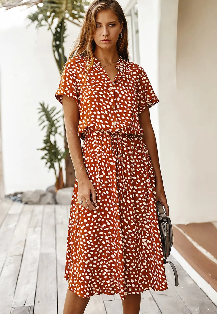 Ulvienne | Robe Midi d'Été à Manches Courtes avec Imprimé Pois/Leopard et Taille Nouée - Élégance Décontractée